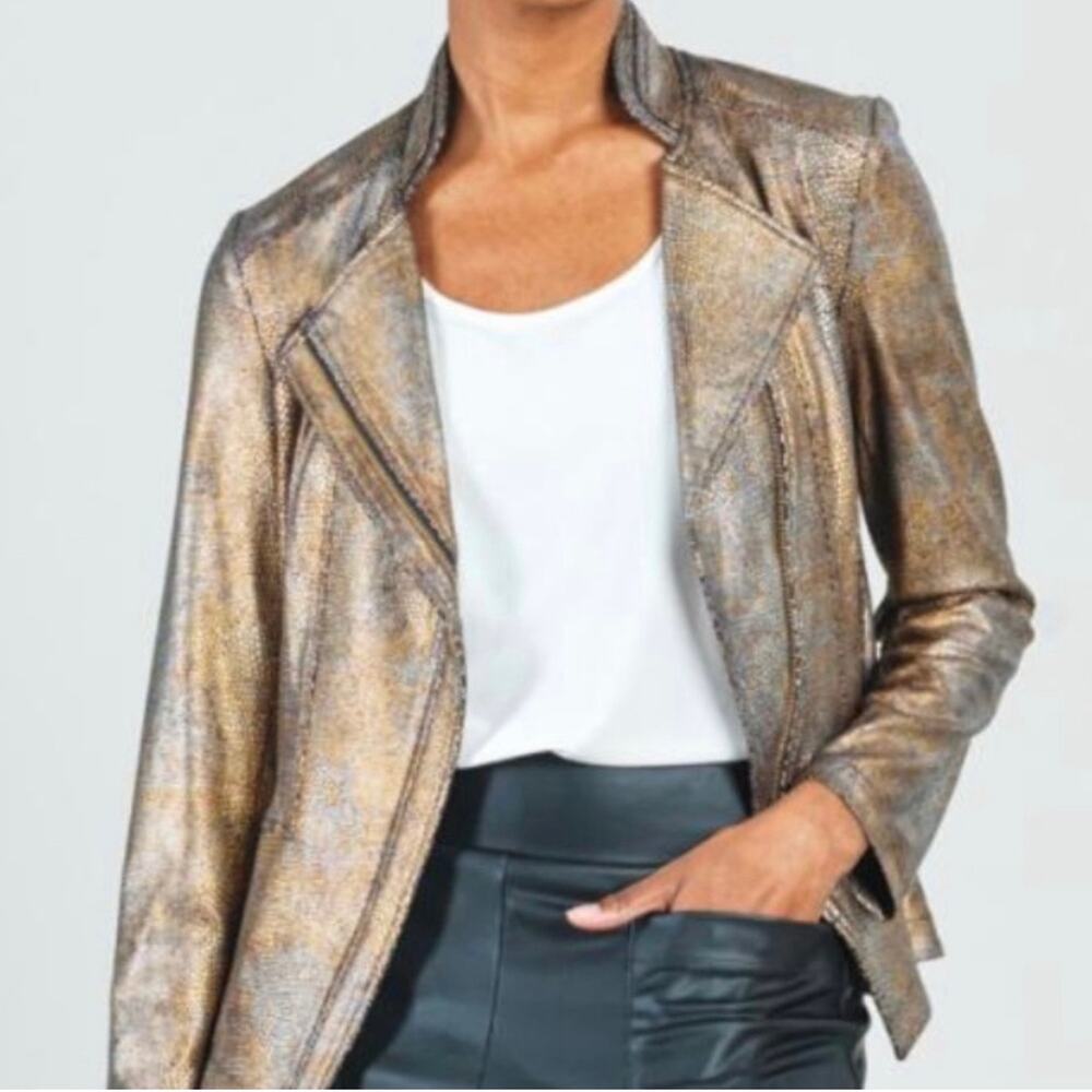 NWOT Clara Sun Woo Liquid Leather Moto Jacket Small Metallic Gold Bronze